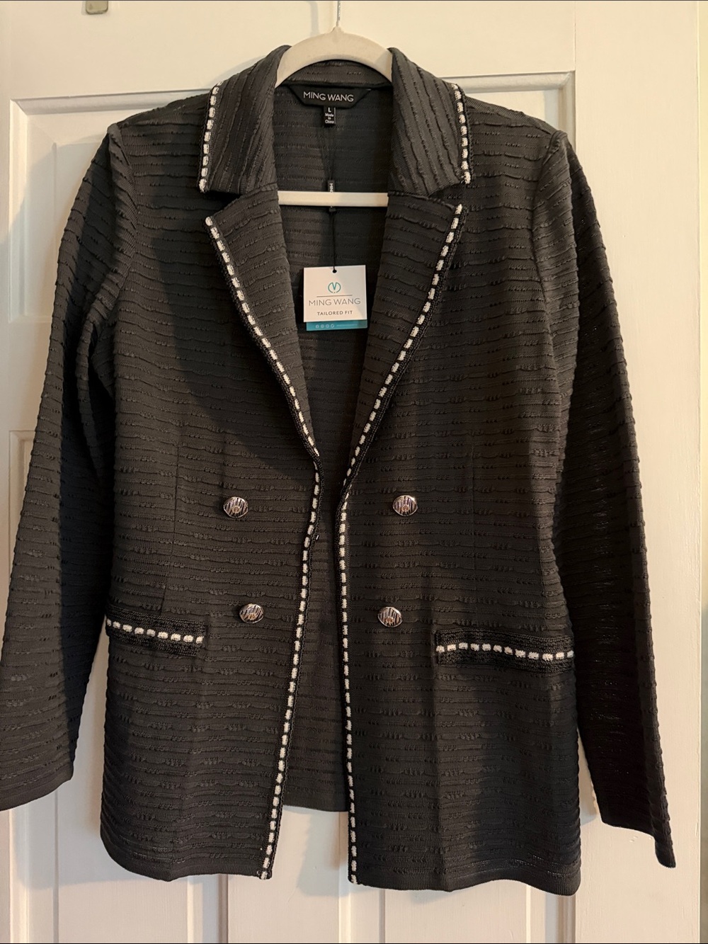 Ming Wang Black Textured Double-Breasted Jacket with White Trim